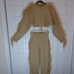 Hot & Delicious Womens Cable Knit 2 Piece Tassel Cropped Sweater  +Pants, S